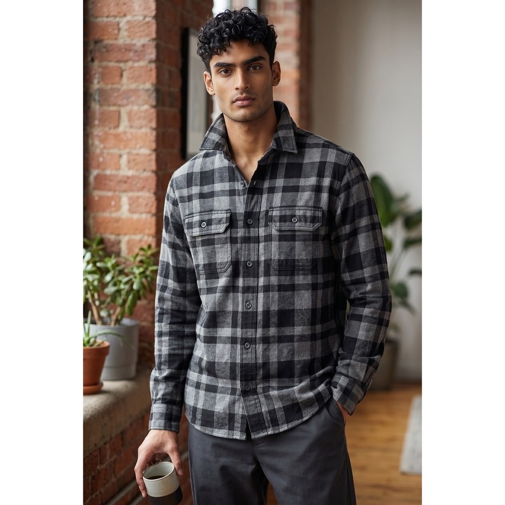 George Mens Super Soft Flannel Shirt Charcoal Black Plaid Button Down XS NEW